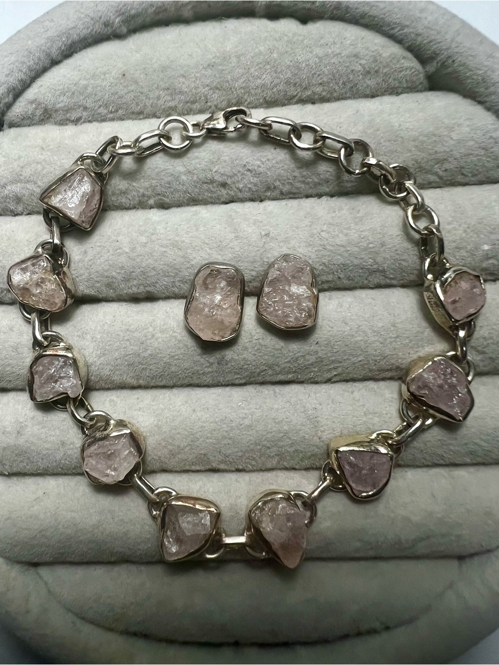 Sterling Silver Raw Morganite Necklace and Earrings Set
